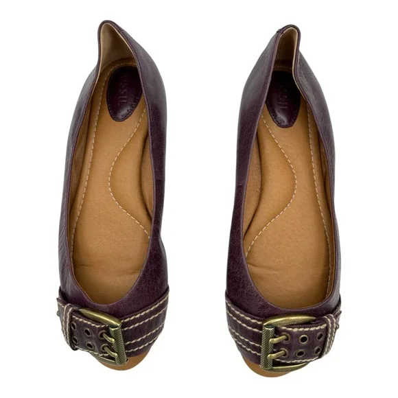 FOSSIL Women Plum Leather Ballet Flats Buckle Detail Casual Shoes Size 7.5 - Picture 2 of 16